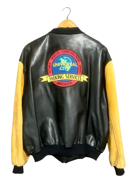 Sichel Other - SICHEL Vintage Universal City Employee Black Leather Bomber with Yellow Sleeves